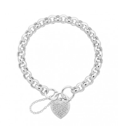  Sterling Silver Cubic Zirconia Heart Padlock Bracelet