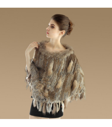 Rabbit Racoon Fur Poncho with Tassels