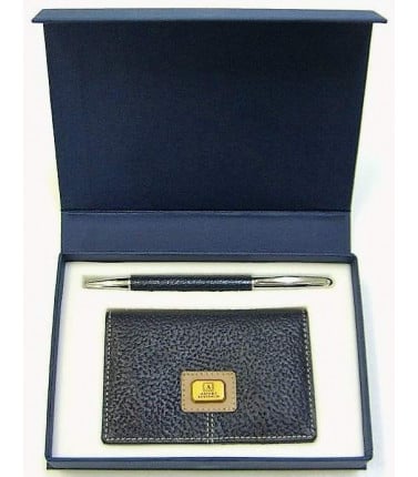 Navy Kangaroo Leather Busines Card Holder and Pen Gift