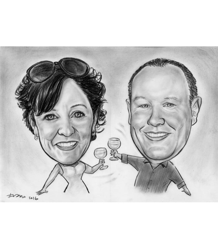 Caricature - 2 Persons, Waist Up, BW, Plain Background