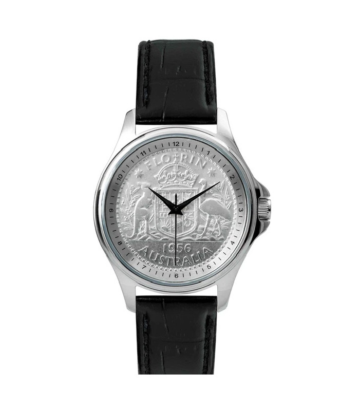 Florin Coin Watch - Men's Silver with Black Leather Band