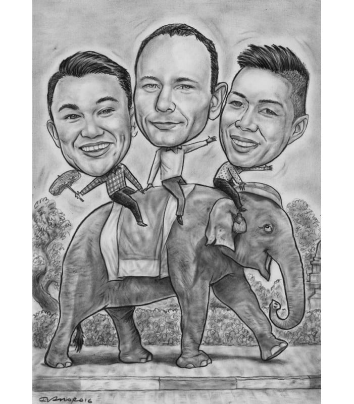 Caricature - 3 Persons, Full Body, BW with Full Background