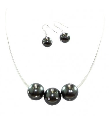 Pearl Necklace Triple with Earrings- Grey