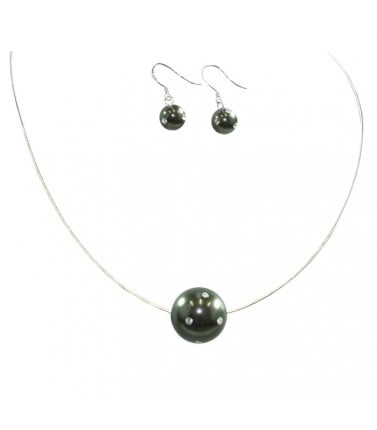 Pearl Necklace Single with Earrings- Grey