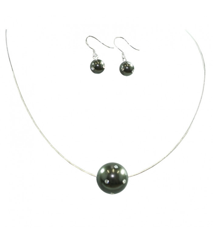 Pearl Single Necklace with Earrings- Grey