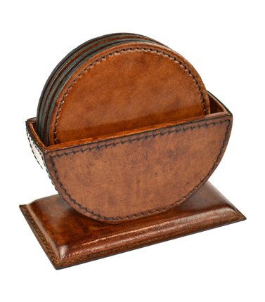 Buffalo Leather Coasters - Round Tan on Stand