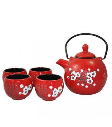 Red Tea Set with White Blossoms