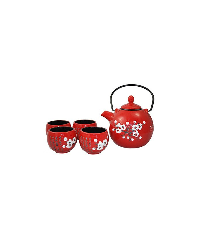 Red Tea Set with White Blossoms