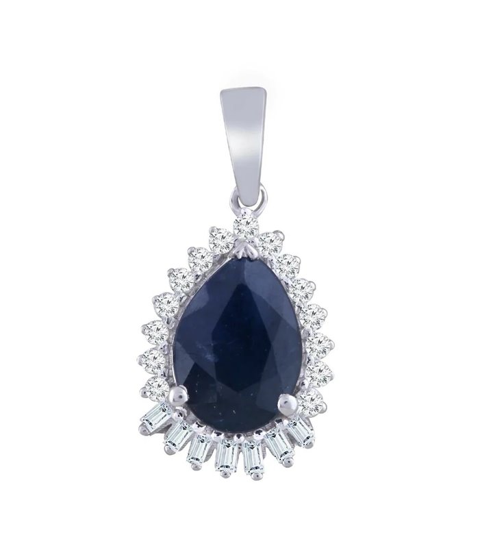 Pear Sapphire Pendant With 0.08Ct Diamond In 9K White Gold