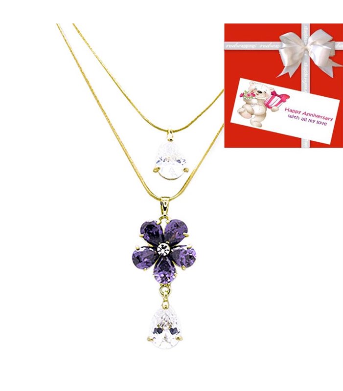 Anniversary Necklace with Flower Swarovski Crystal- Purple