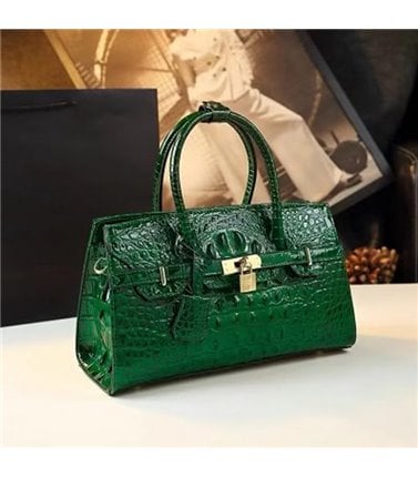 Leather Handbag - Emerald, Croc Look