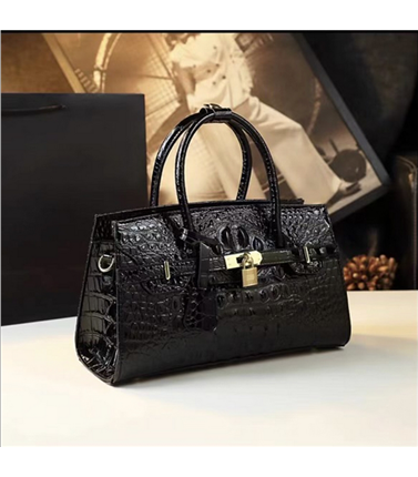 Leather Handbag - Black, Croc Look
