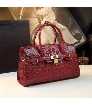 Leather Handbag - Burgundy, Croc Look
