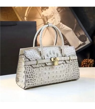 Leather Handbag - Cream, Croc Look