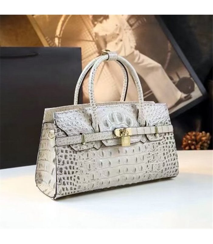 Leather Handbag - Cream, Croc Look
