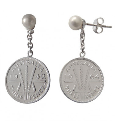 Earrings- Coin Earrings Threepence with Freshwater Pearl