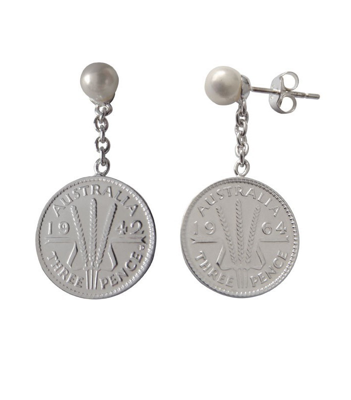 Earrings- Coin Earrings Threepence with Freshwater Pearl