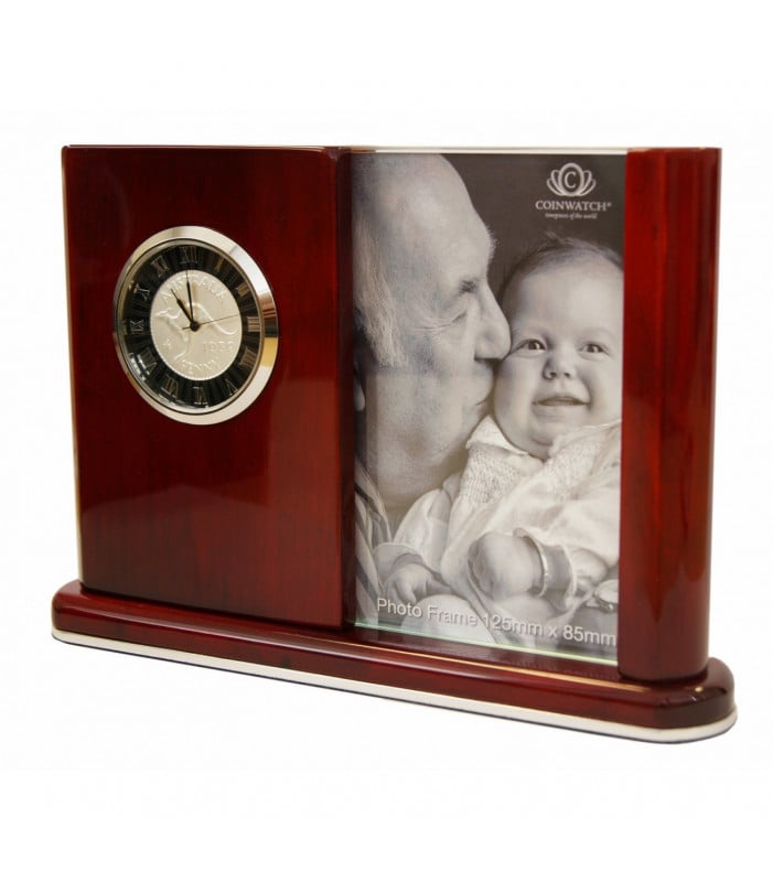 Timber Desk Clock with Australian Kangaroo Penny and Photo Frame