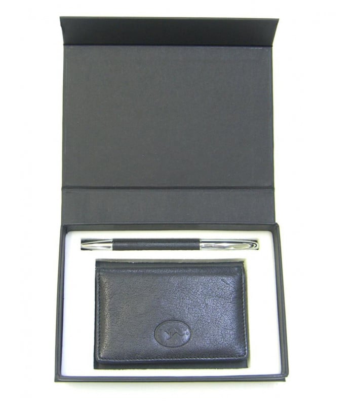 Kangaroo Leather Card Holder and Pen Gift Set - Black
