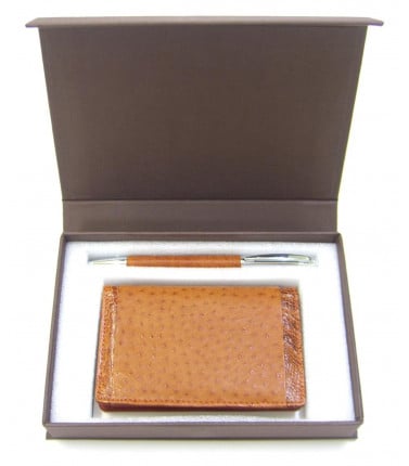 Emu Leather Business Card Holder and Pen Gift Set