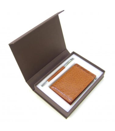 Emu Leather Business Card Holder and Pen Gift Set