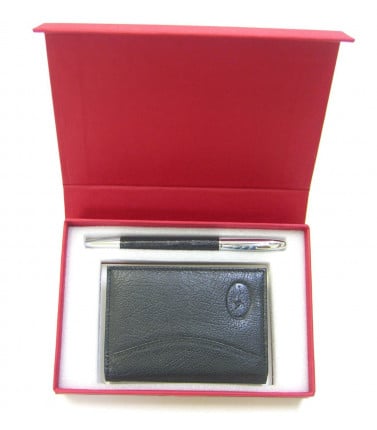 Kangaroo Leather Pen and Card Case Gift Set - Black