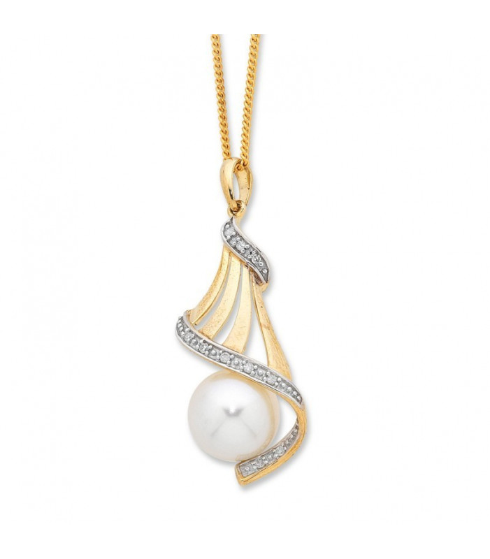 9ct Yellow Gold Freshwater Pearl & Diamond Set Necklace