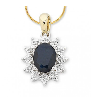 9ct Yellow Gold Oval Sapphire and Diamond Pendant