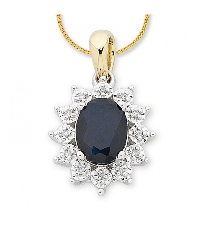 9ct Yellow Gold Oval Sapphire and Diamond Pendant