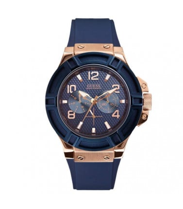 Guess Mens Rose Gold Blue Band Watch Model- W0247G3
